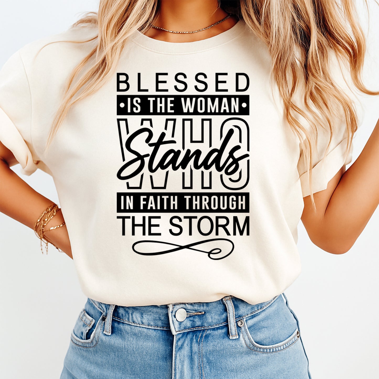 Faith based typography graphic displayed on a light color t shirt mockup with inspirational religious message and clean layout