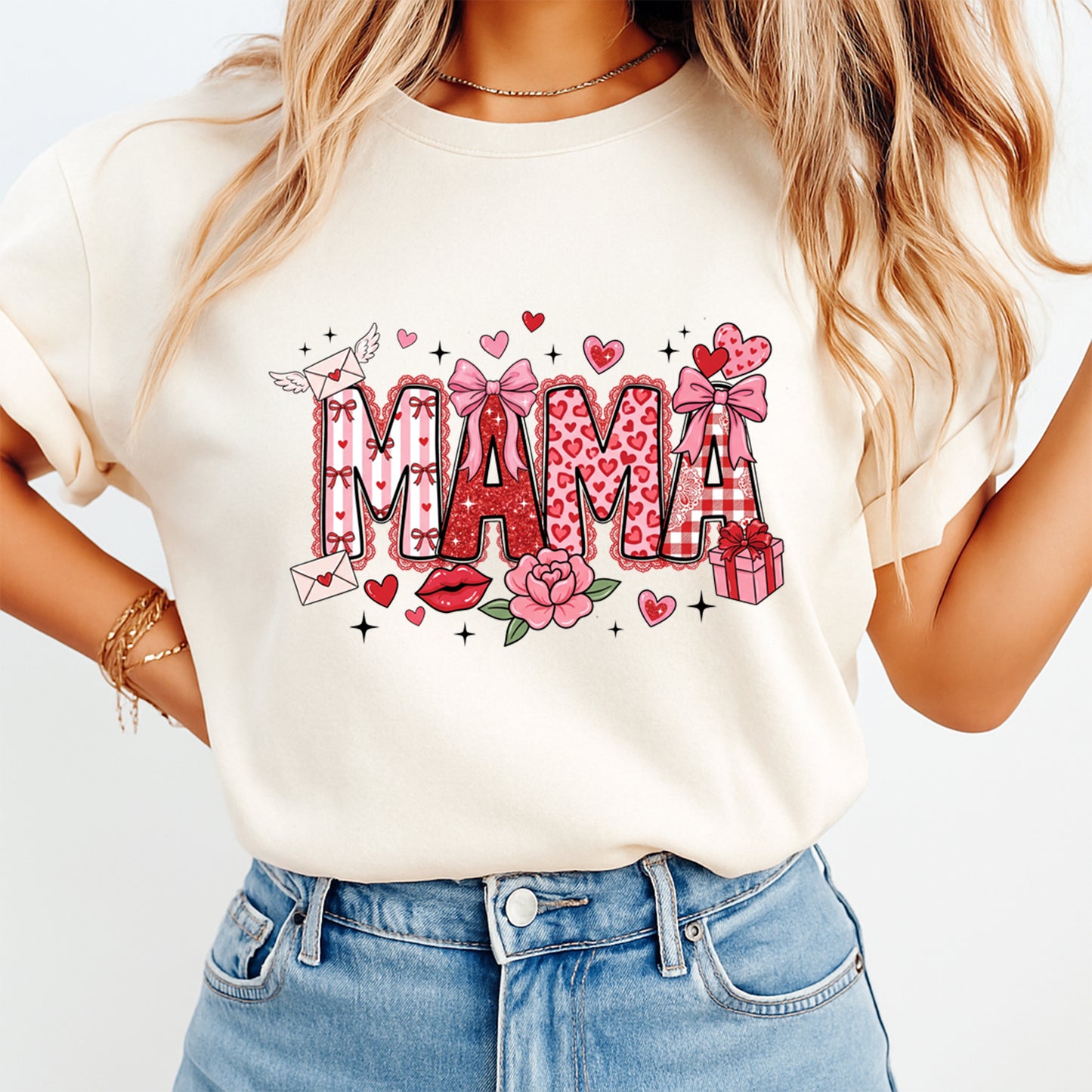 Cream t shirt mockup showing Valentine’s Day MAMA graphic with pink and red heart patterns, bows, flowers, and Valentine icons on the front