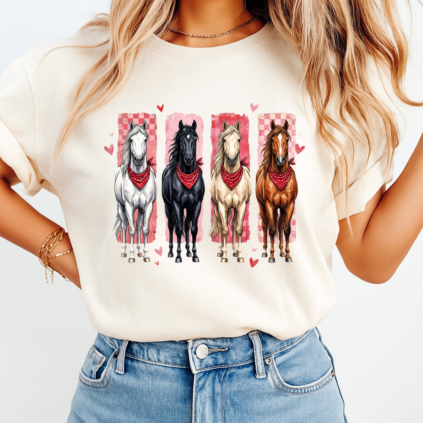 Cream t shirt mockup showing Valentine’s Day western horse graphic with red bandanas and soft pink heart details on the front