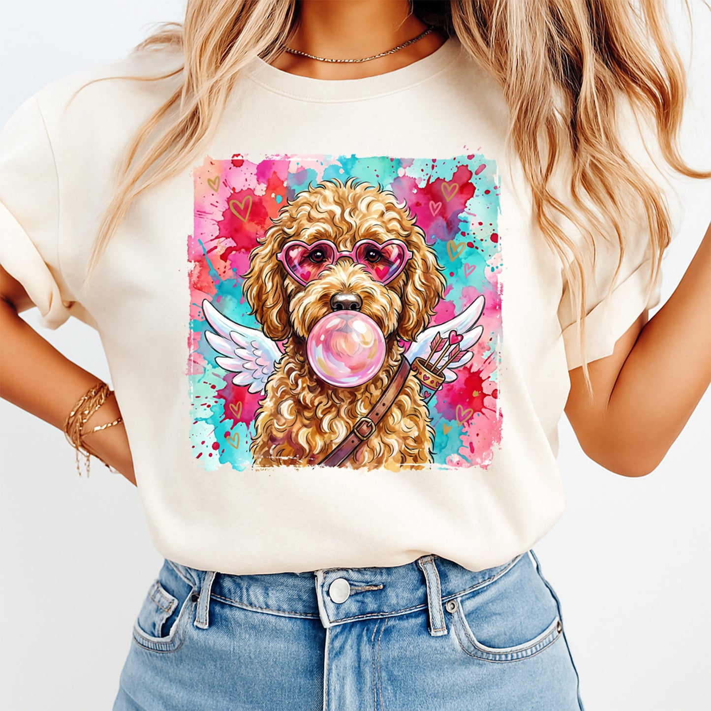 Cream t shirt mockup showing cupid dog Valentine graphic with heart glasses, wings, bubblegum, and colorful watercolor background on the front
