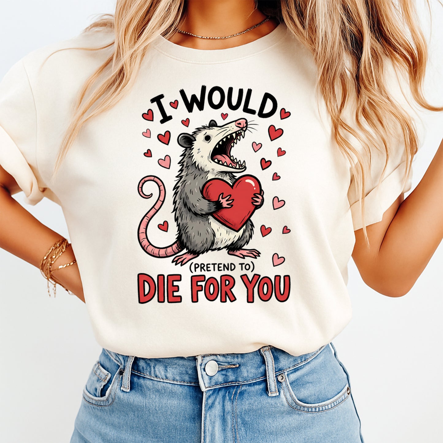 Sarcastic Valentine possum graphic pressed on shirt mockup holding heart with playful cartoon style