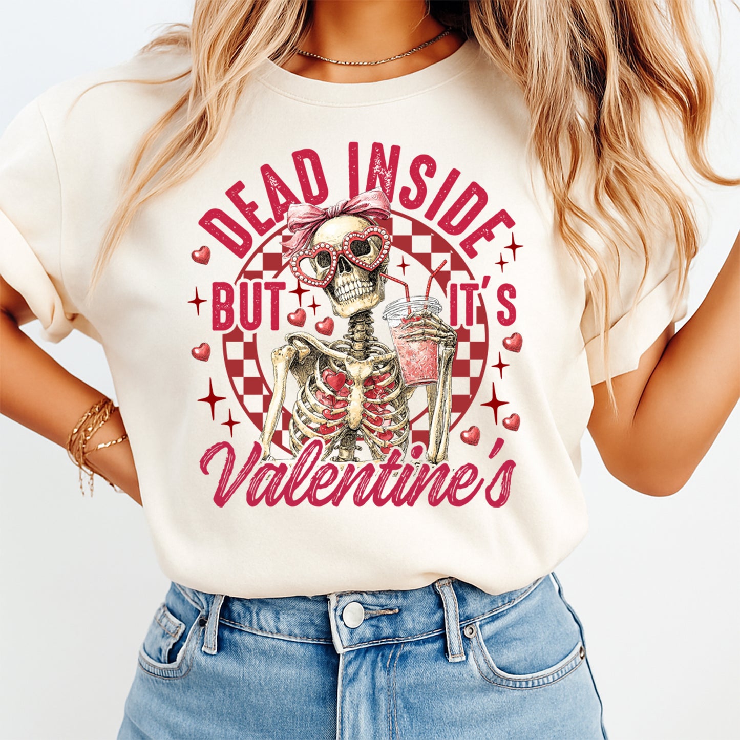 Dead inside but it’s Valentine’s skeleton graphic iron on heat transfer shown on cream t shirt mockup sarcastic Valentine apparel print