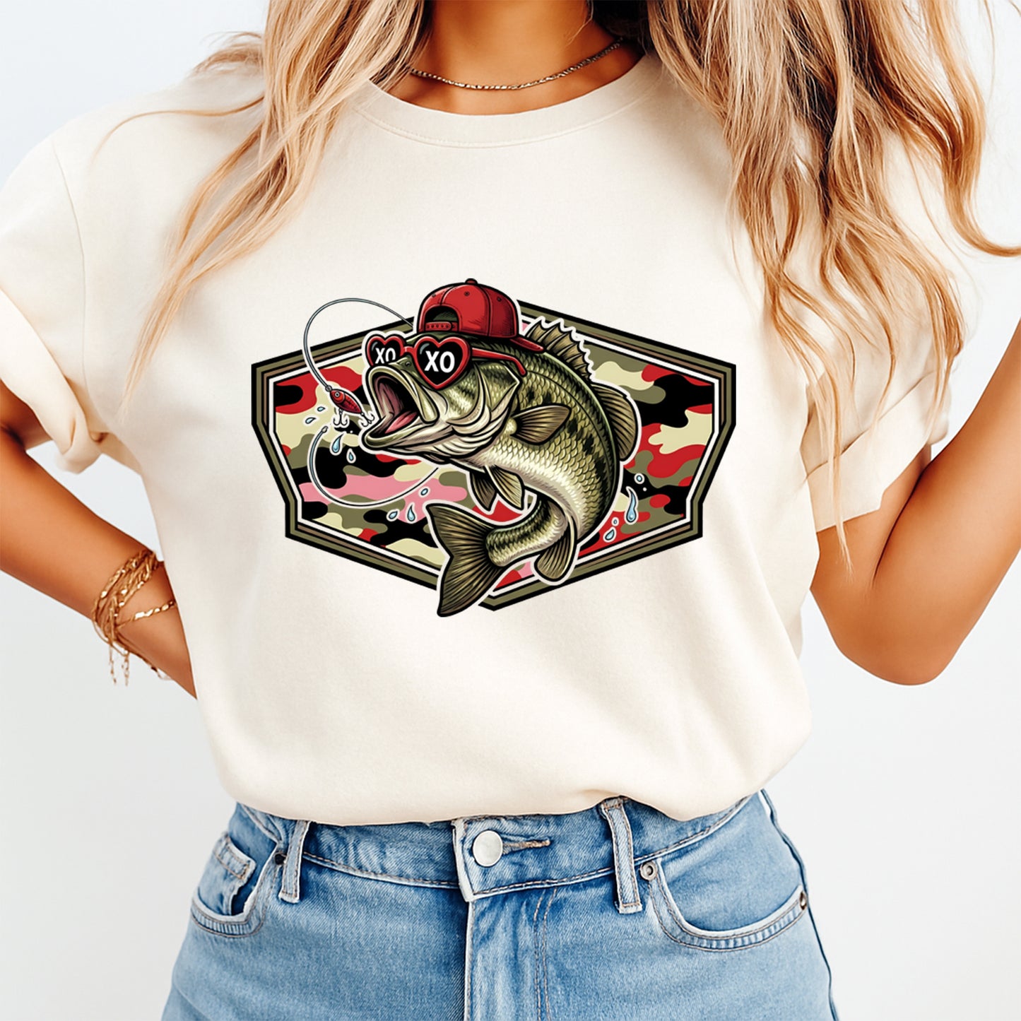 Bass fish Valentine graphic with heart sunglasses iron on heat transfer shown on cream t shirt mockup fishing themed Valentine apparel