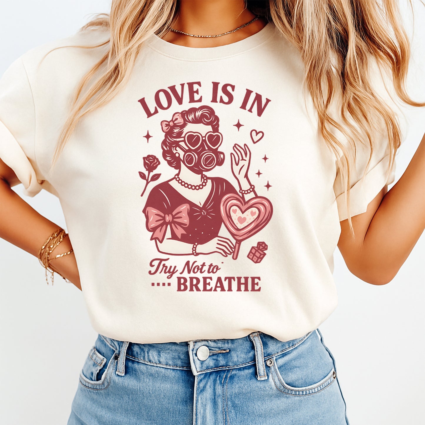 Love is in try not to breathe vintage Valentine graphic iron on heat transfer shown on cream t shirt mockup retro Valentine apparel