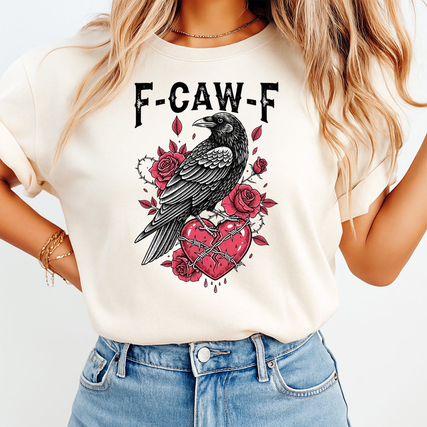 F-caw-f raven barbed heart rose graphic iron on heat transfer shown on cream t shirt mockup gothic Valentine apparel