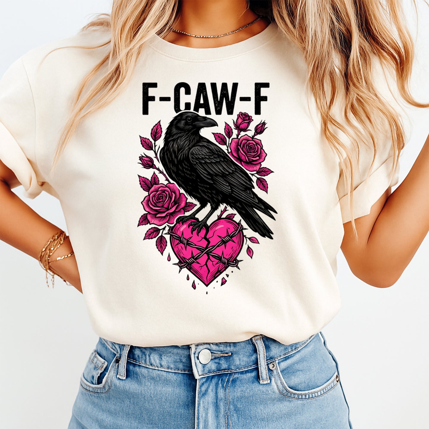 F-caw-f raven pink heart rose graphic iron on heat transfer shown on cream t shirt mockup gothic Valentine apparel