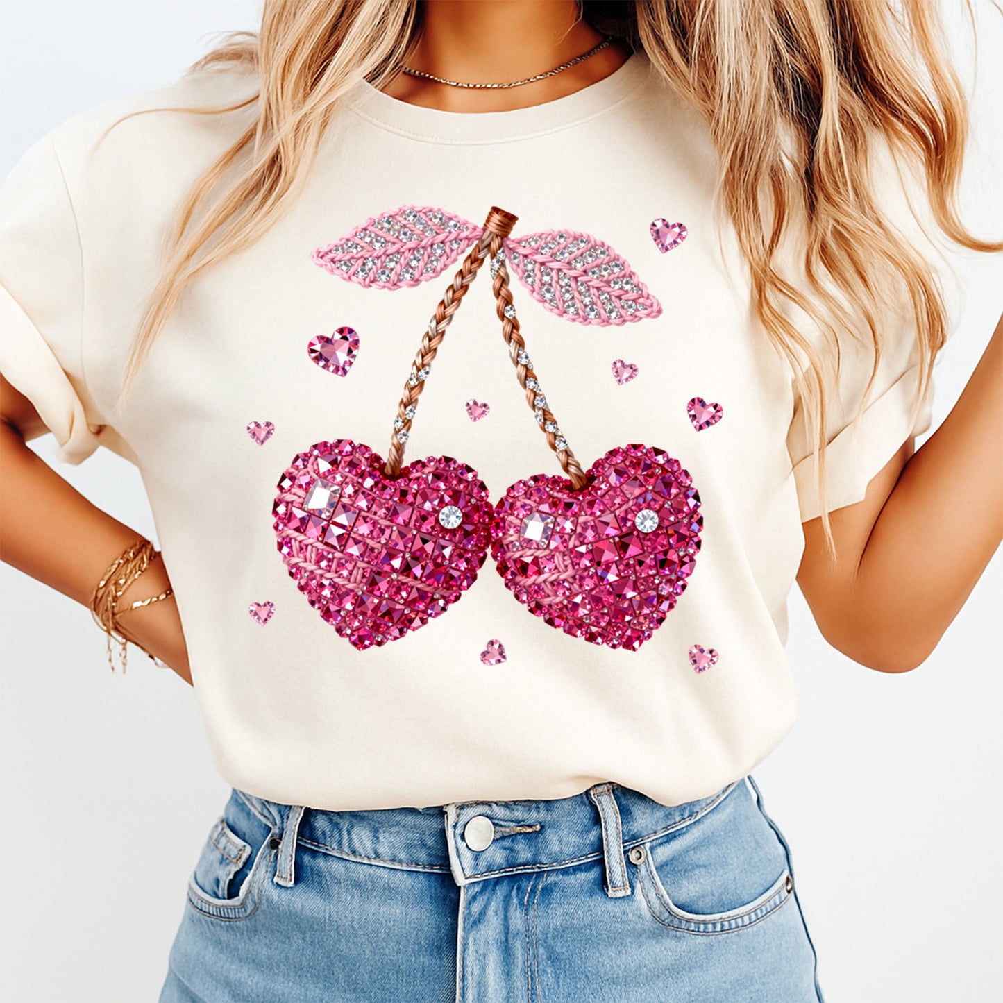 Cream t shirt mockup with pink rhinestone heart cherry Valentine graphic pressed on front