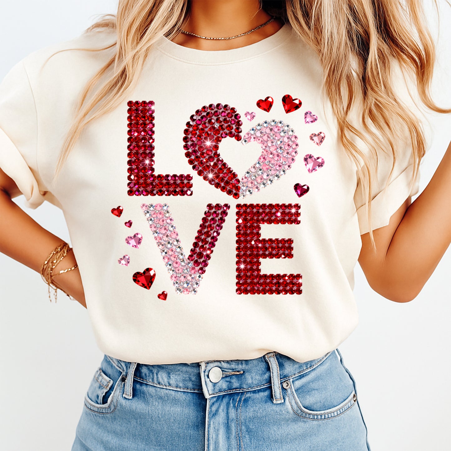 Cream t shirt mockup with rhinestone LOVE heart Valentine graphic pressed on front