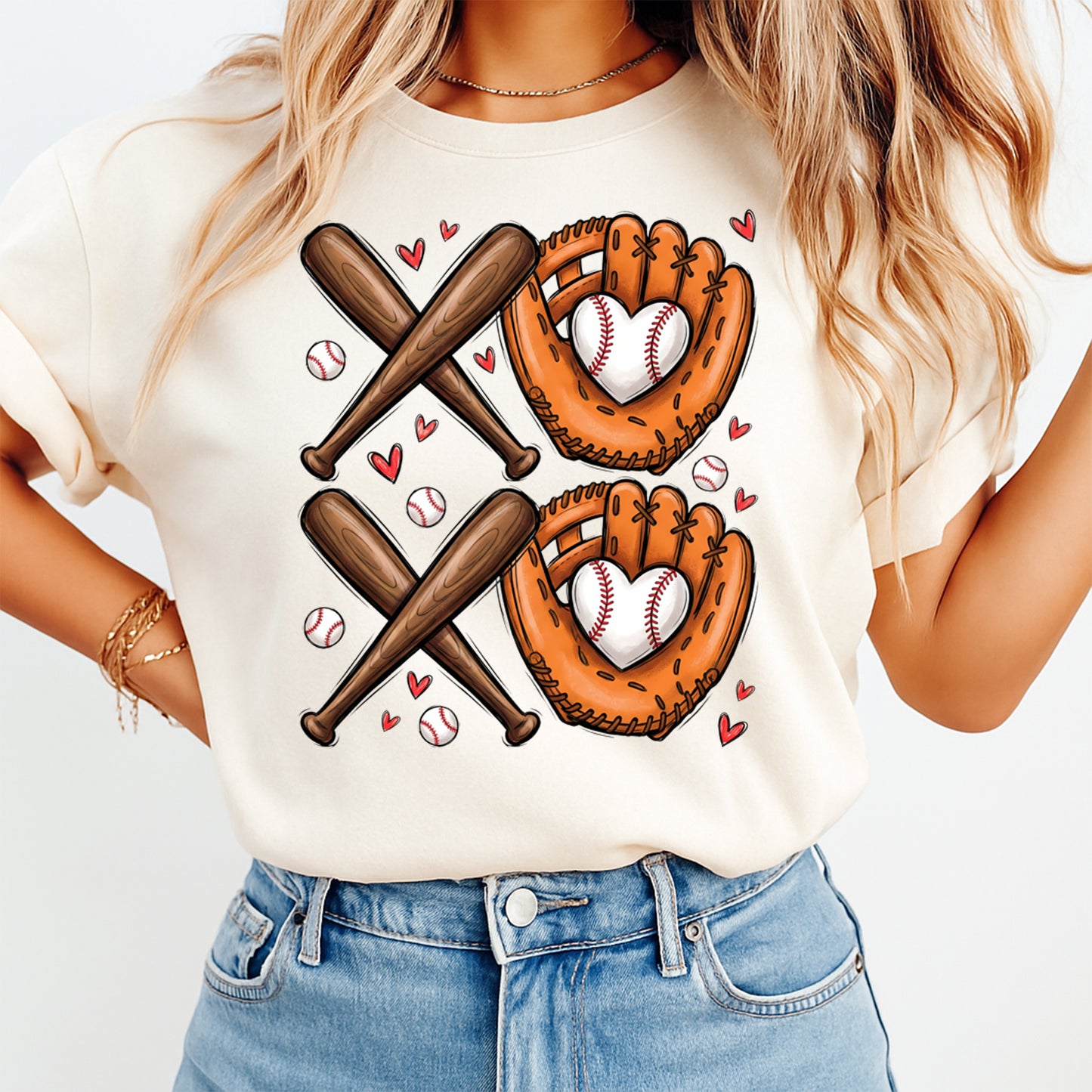 Ready to press dtf Valentine baseball transfer shown pressed on a shirt, featuring crossed bats and heart-shaped baseball glove artwork