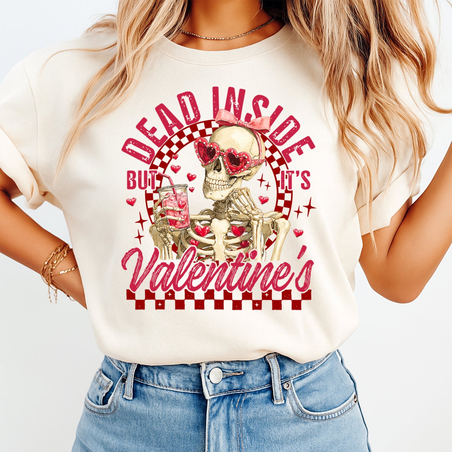 Ready to press dtf sarcastic Valentine transfer shown pressed on a shirt, featuring skeleton artwork with heart details and retro lettering