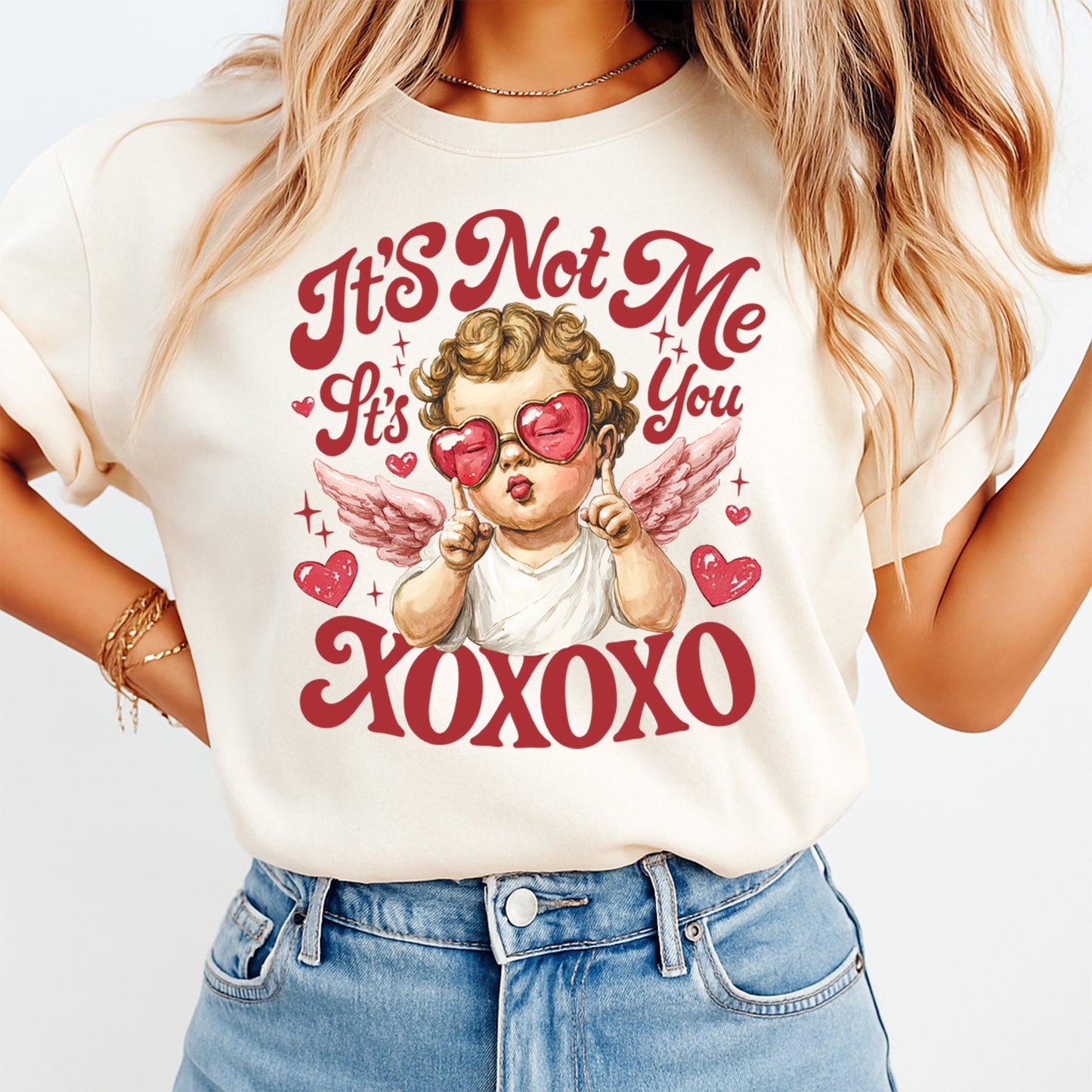 Ready to press dtf funny Valentine transfer shown pressed on a shirt, featuring cupid artwork with heart glasses and playful Valentine text