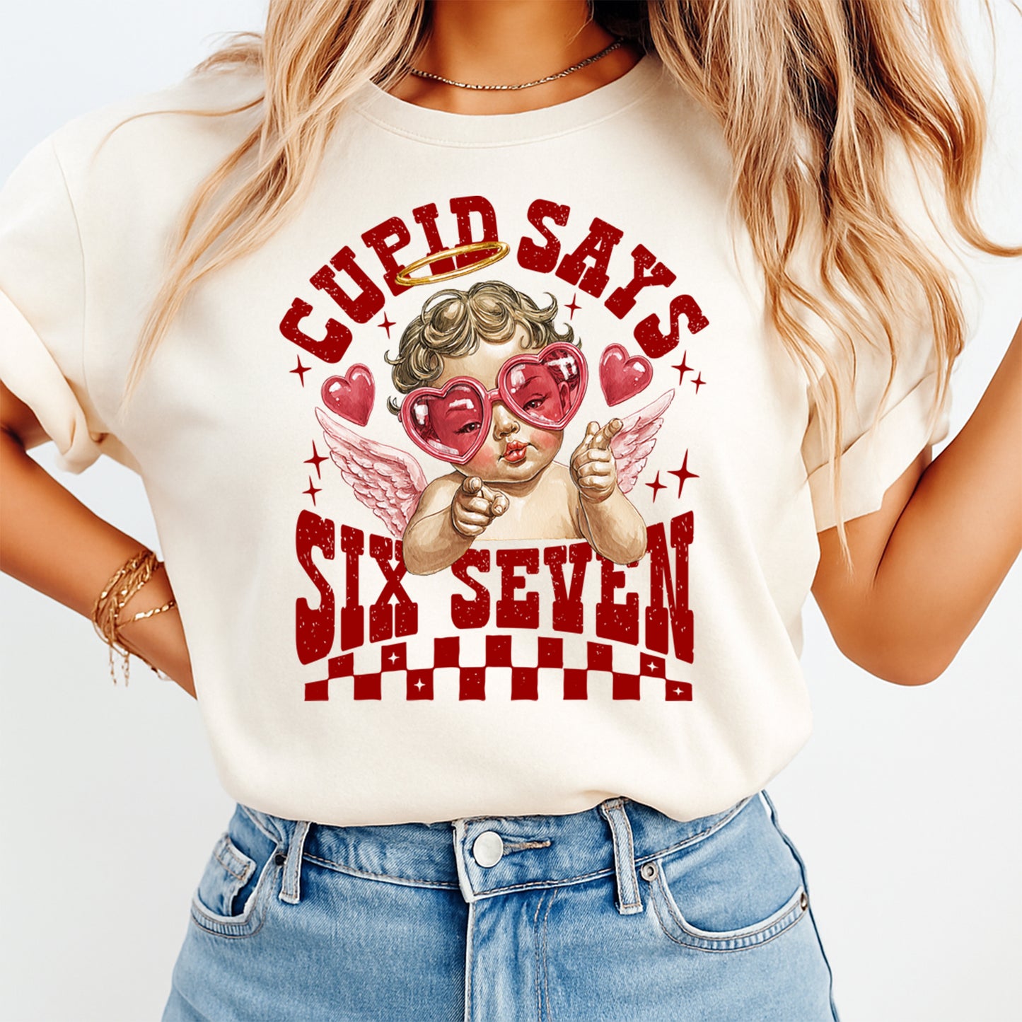 Ready to press dtf funny Valentine transfer shown pressed on a shirt, featuring cupid artwork with heart glasses and playful Valentine phrase