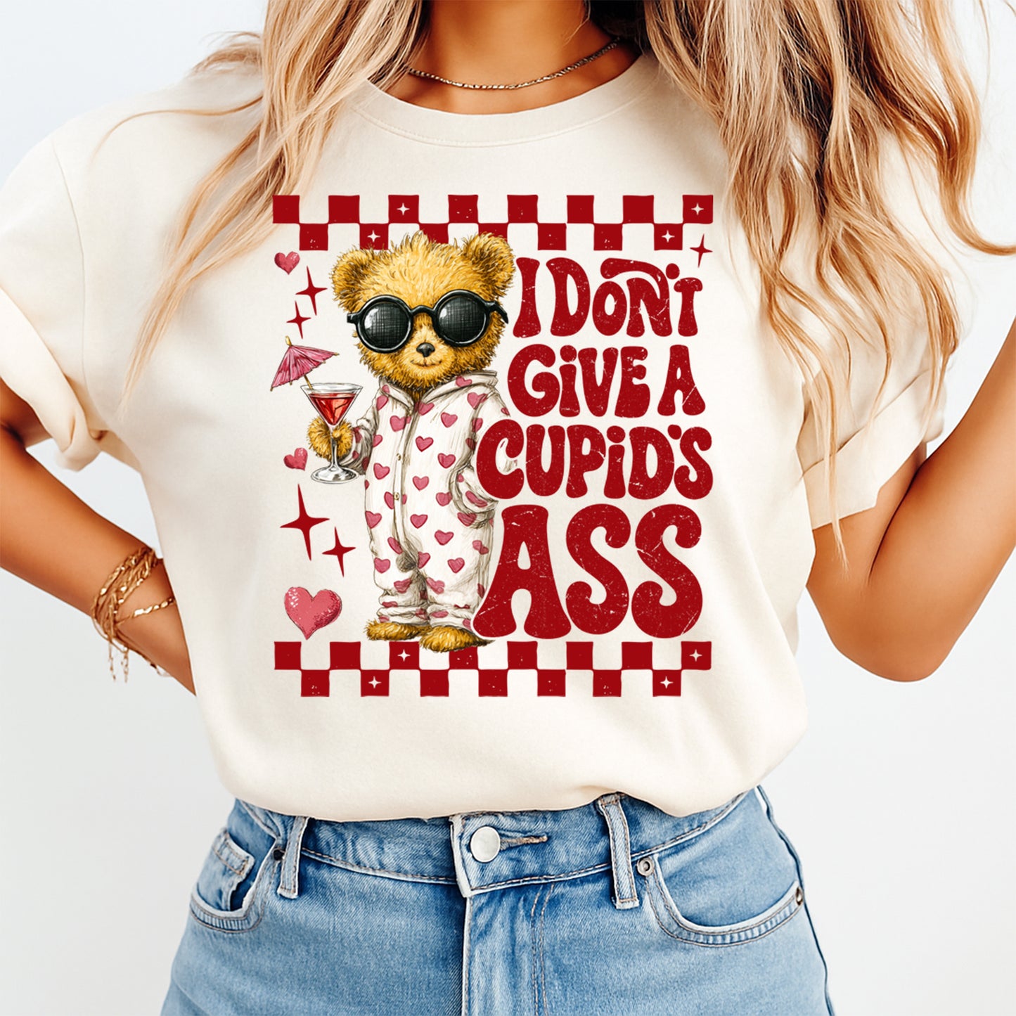 Ready to press dtf sarcastic Valentine transfer shown pressed on a shirt, featuring bear artwork with sunglasses and bold anti-Valentine phrase