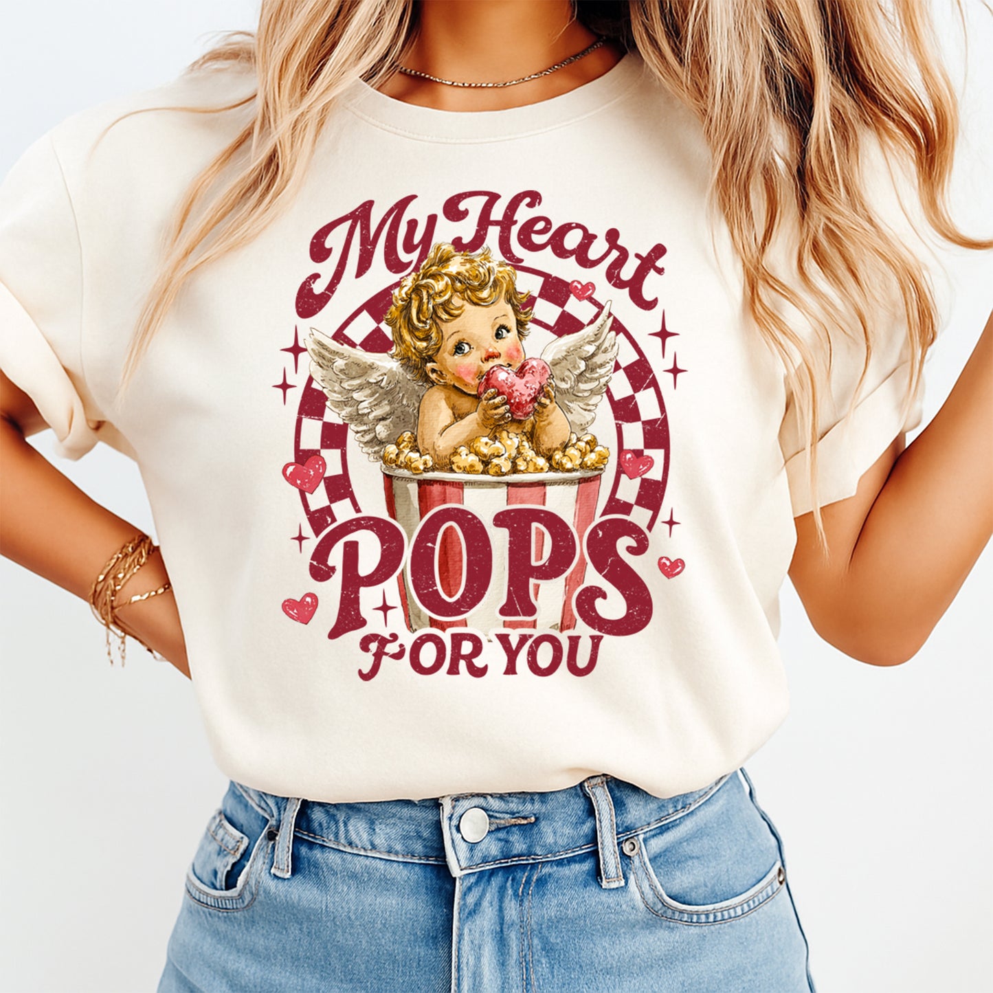 Valentine’s Day my heart pops for you cupid popcorn graphic shirt mockup showing retro Valentine design on cream t shirt