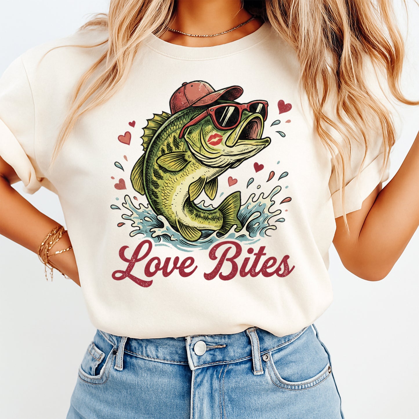 valentine funny shirt mockup showing love bites fish graphic applied to light color t shirt