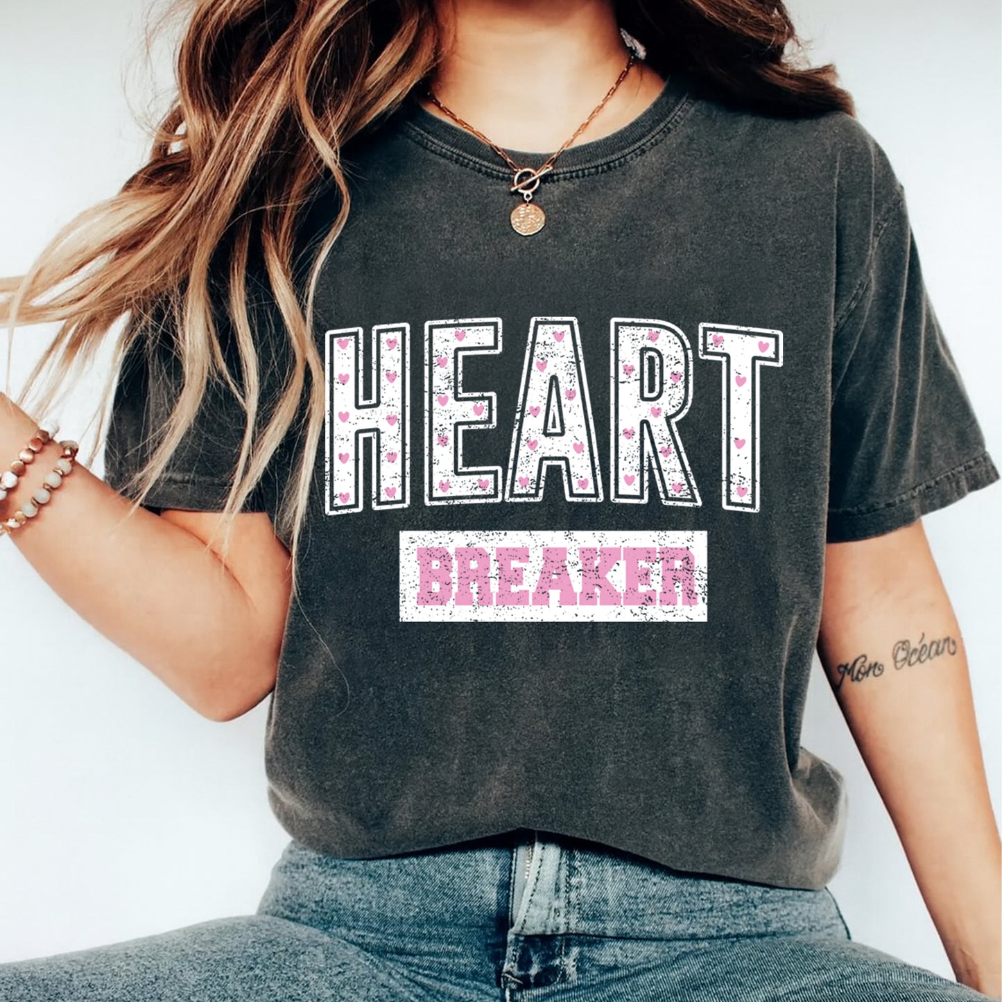valentine funny shirt mockup featuring heart breaker graphic applied to dark color t shirt