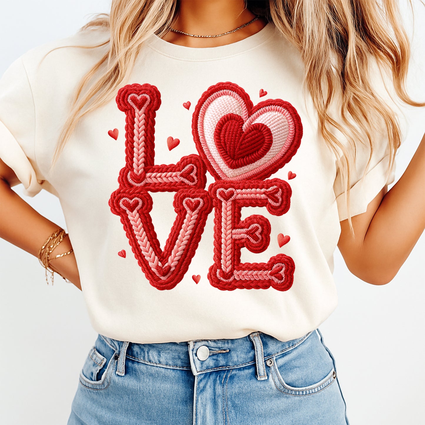 Cream t shirt with red crochet style love heart lettering Valentine graphic ready to press dtf transfer mockup
