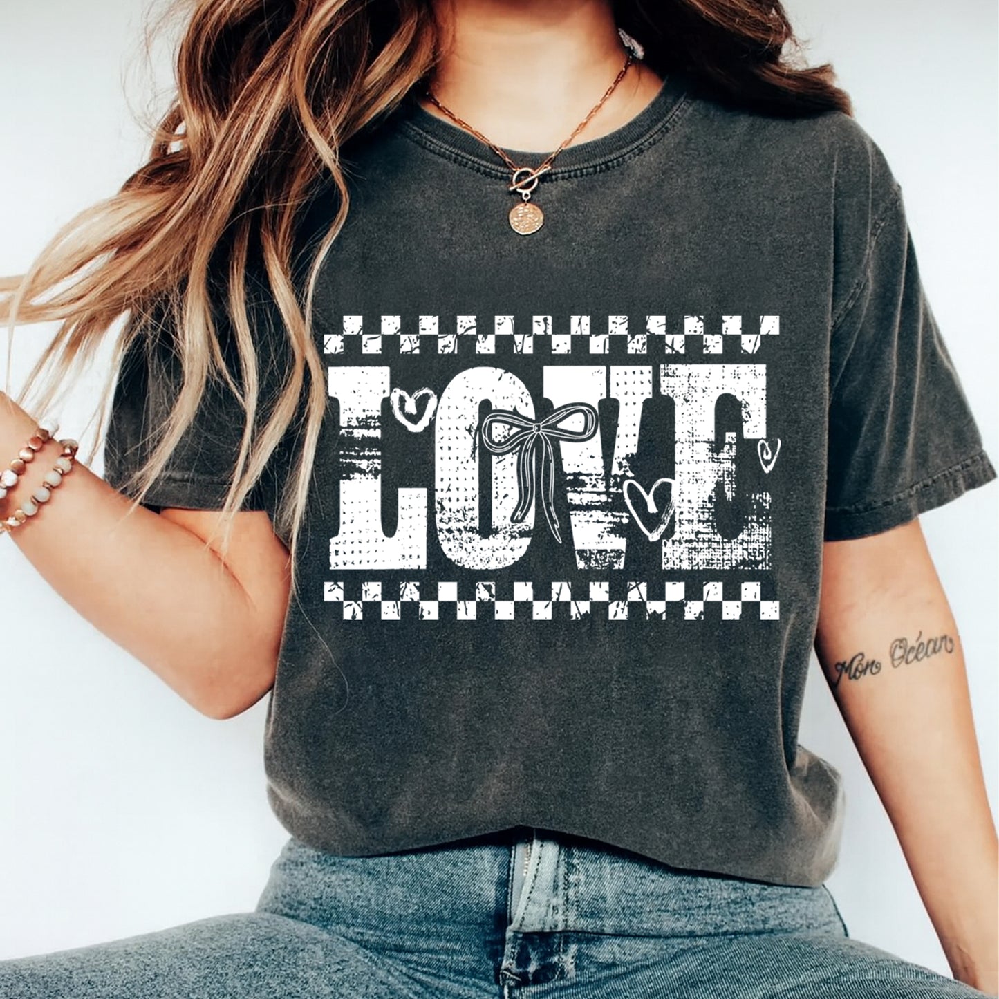 Dark charcoal t shirt with white distressed love typography bow Valentine graphic ready to press dtf transfer mockup