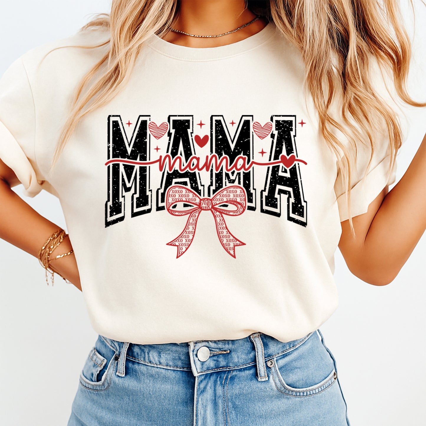 Cream t shirt with mama Valentine typography heart and bow graphic ready to press dtf transfer mockup
