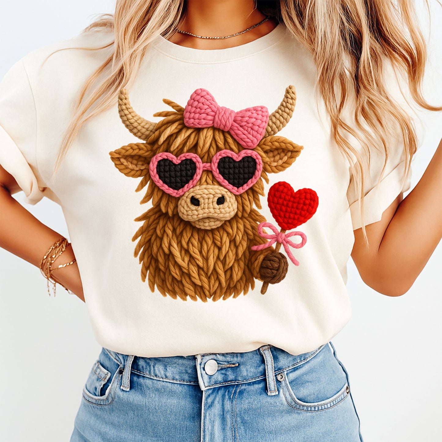 Cream t shirt with crochet highland cow Valentine graphic heart balloon bow ready to press dtf transfer mockup