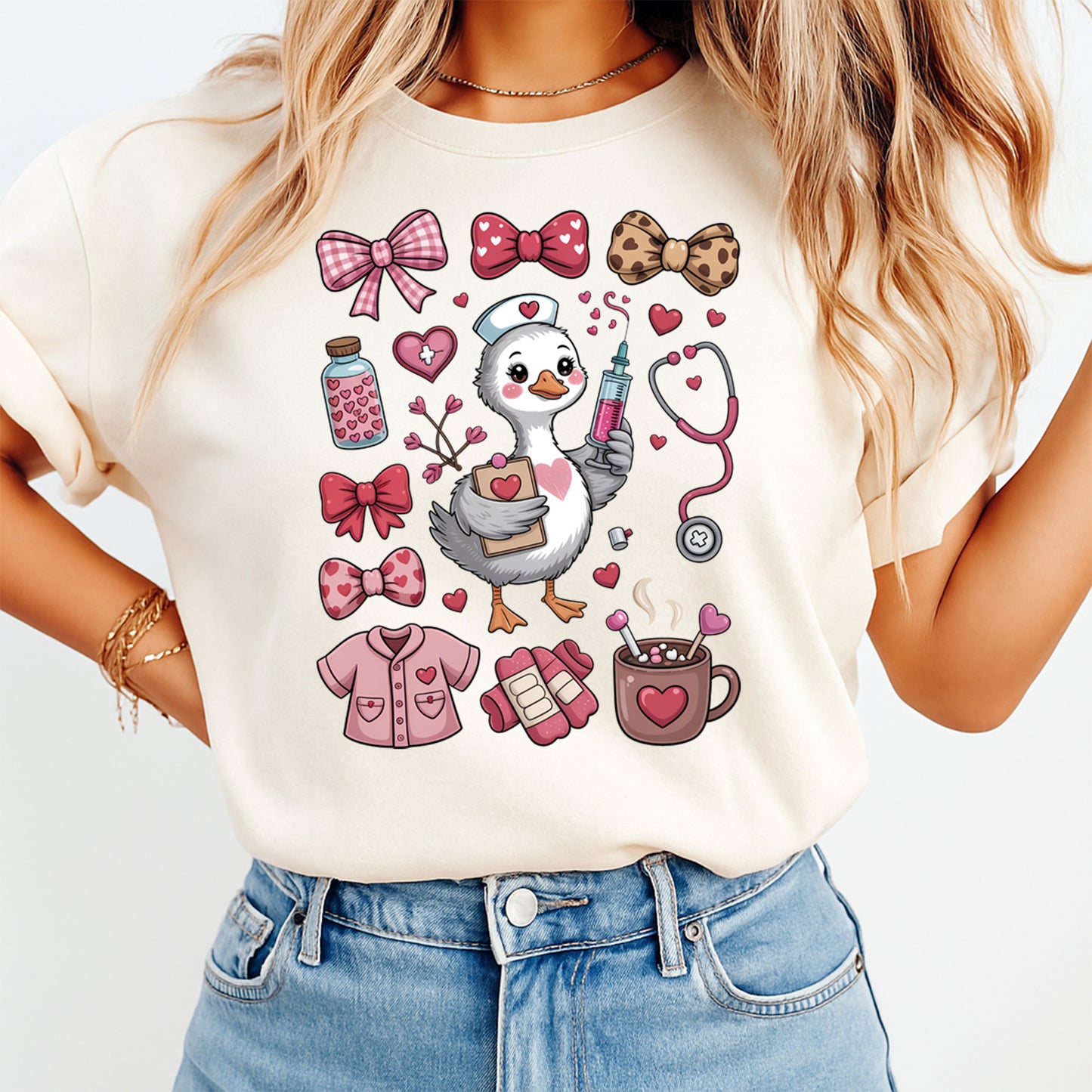 cream shirt mockup showing nurse goose valentine graphic with hearts bows and medical icons