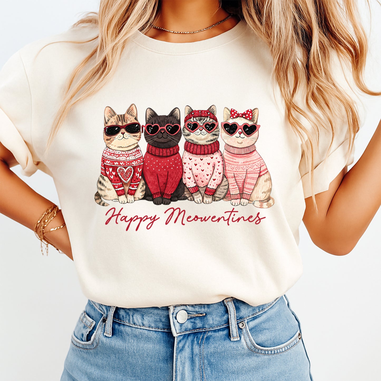 cream shirt mockup showing happy meowentines cat graphic with heart sunglasses and valentine sweaters