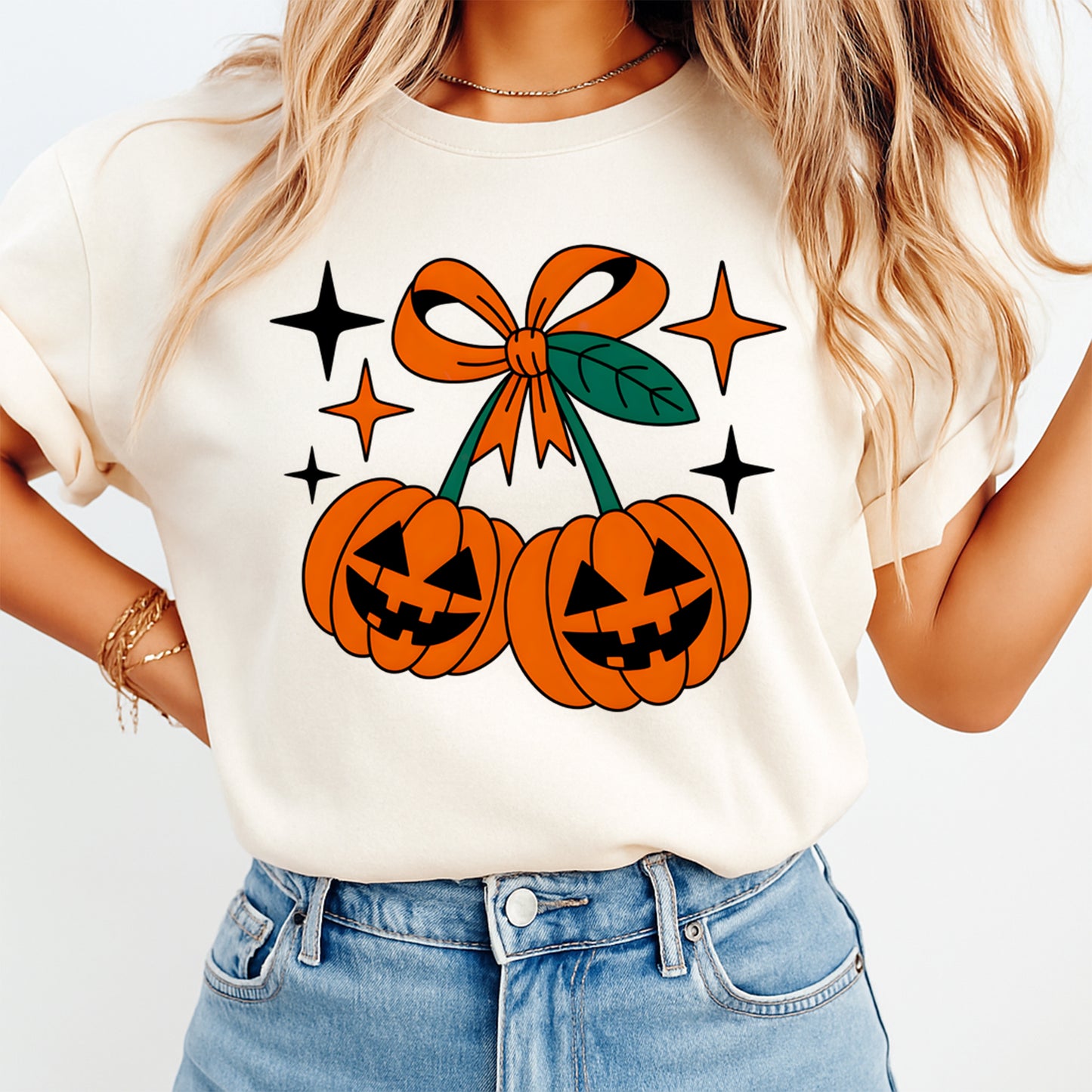 cream shirt mockup showing jack o lantern pumpkin bow halloween graphic