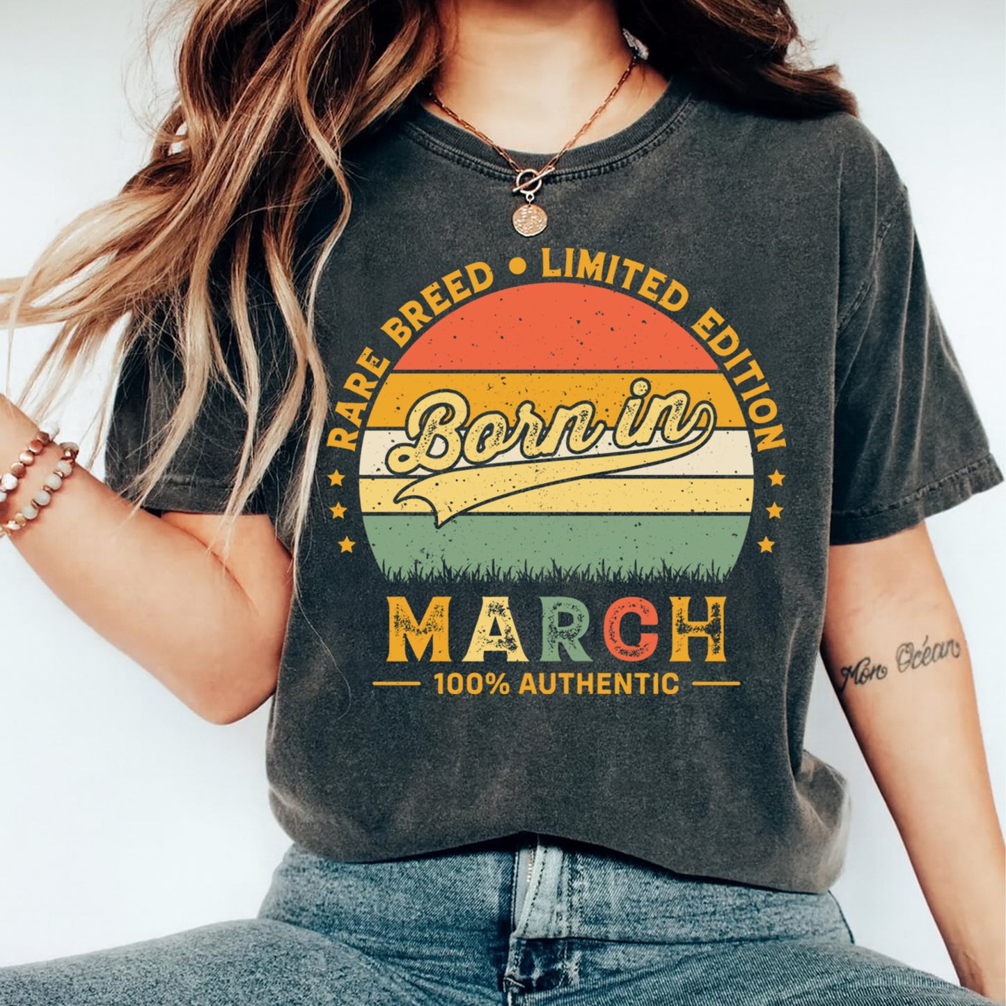 Born in March retro sunset birthday graphic displayed on dark t shirt mockup with vintage style typography