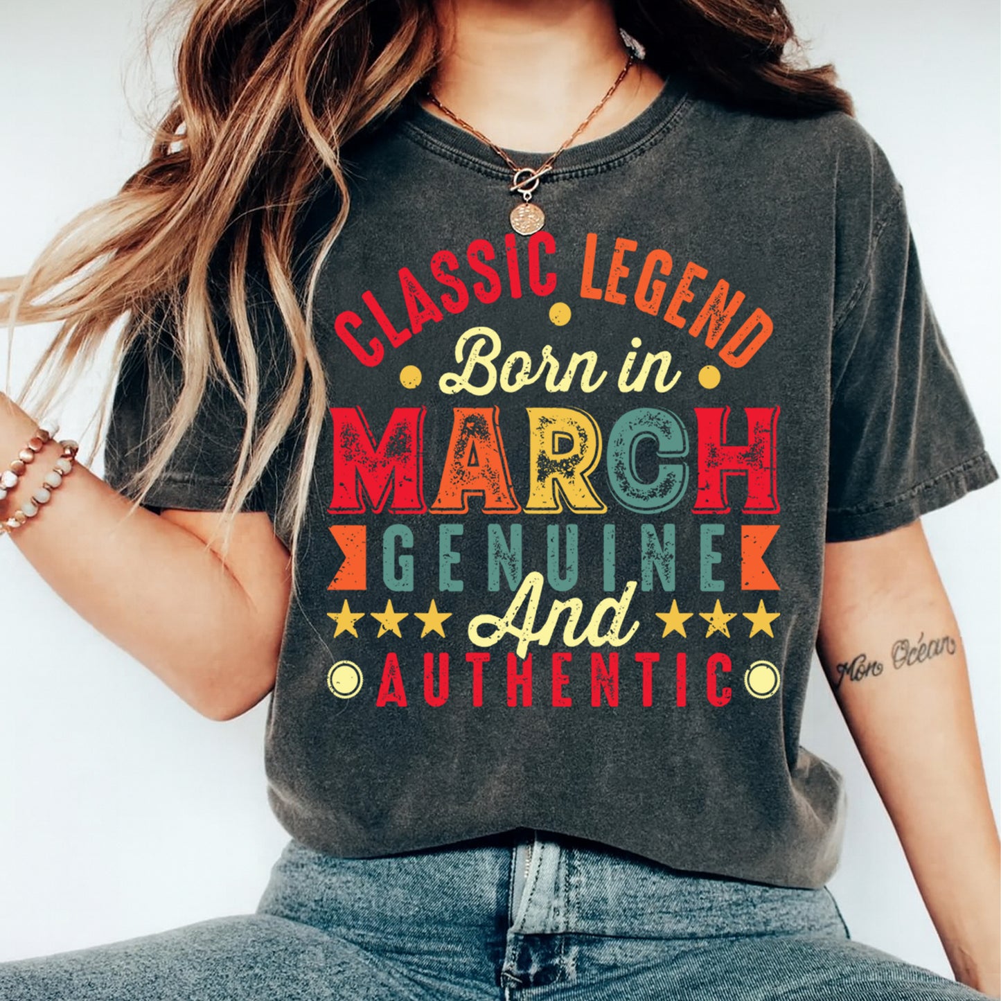 Classic legend born in March vintage birthday graphic shown on dark t shirt mockup with bold retro lettering