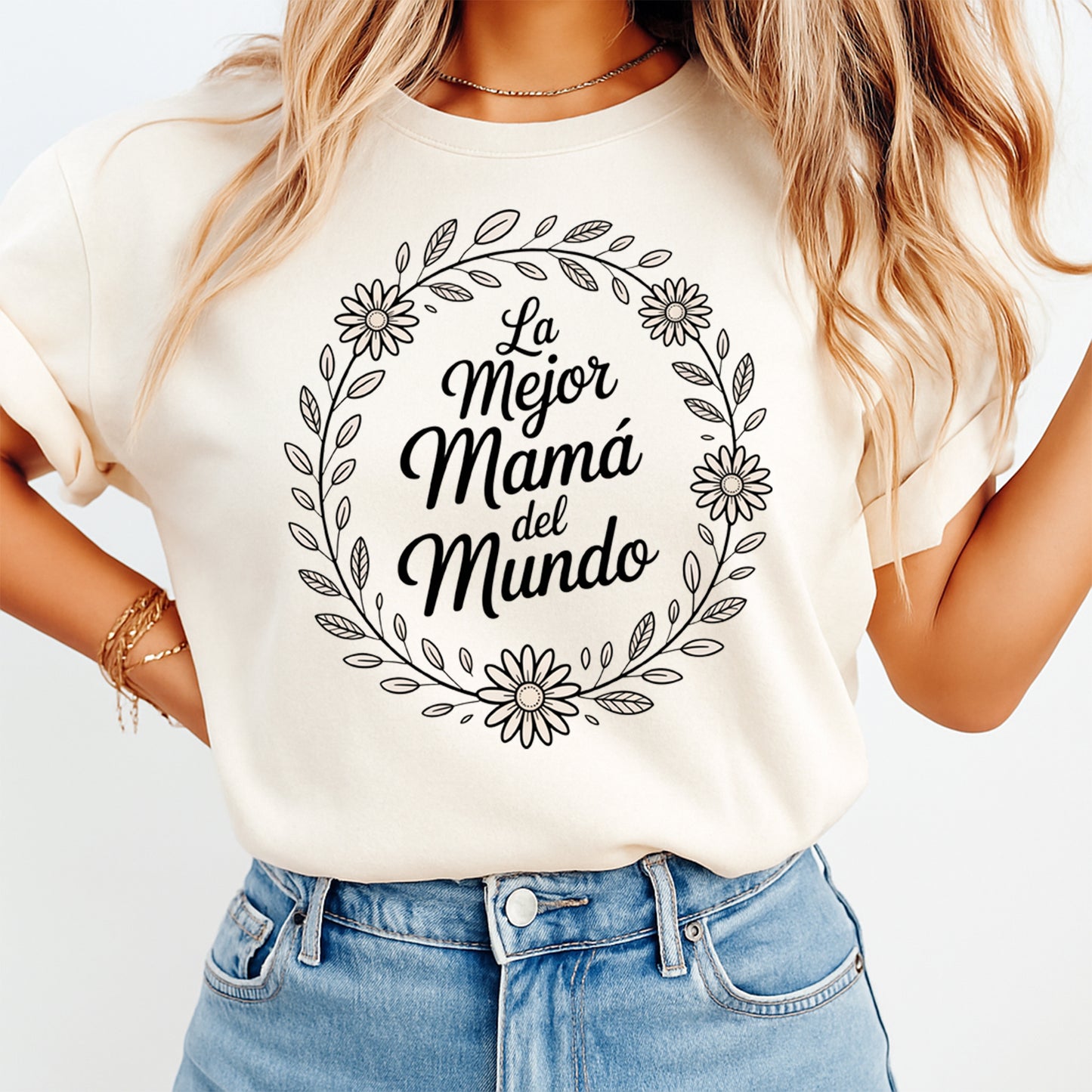 Ready to press dtf transfer shown on cream shirt mockup featuring la mejor mamá del mundo floral wreath design for diy shirts.