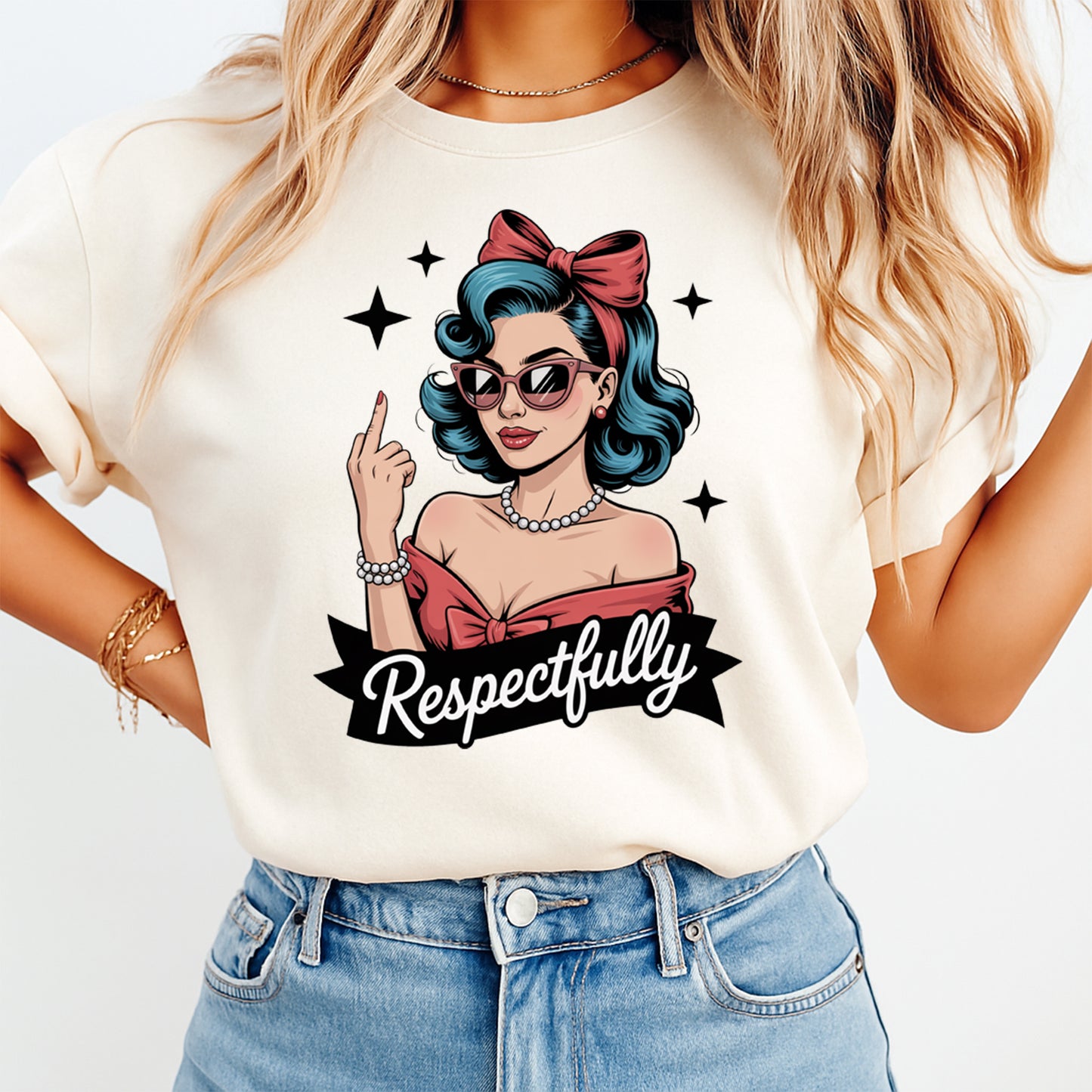Ready to press dtf transfer shown on light shirt mockup with respectfully retro woman graphic and bold sarcastic attitude design.