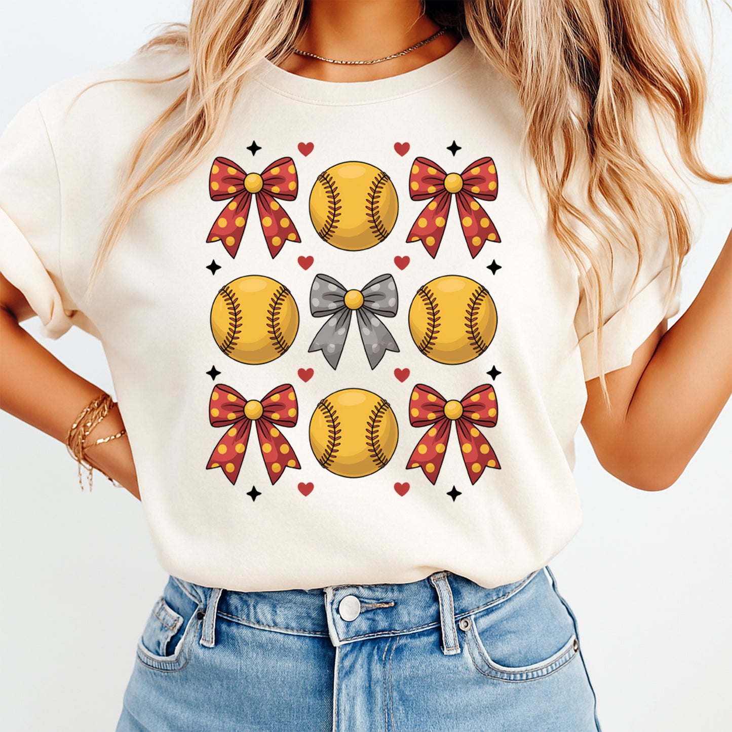 Ready to press dtf transfer shown on light shirt mockup with repeating softball and bow pattern for diy softball shirts.