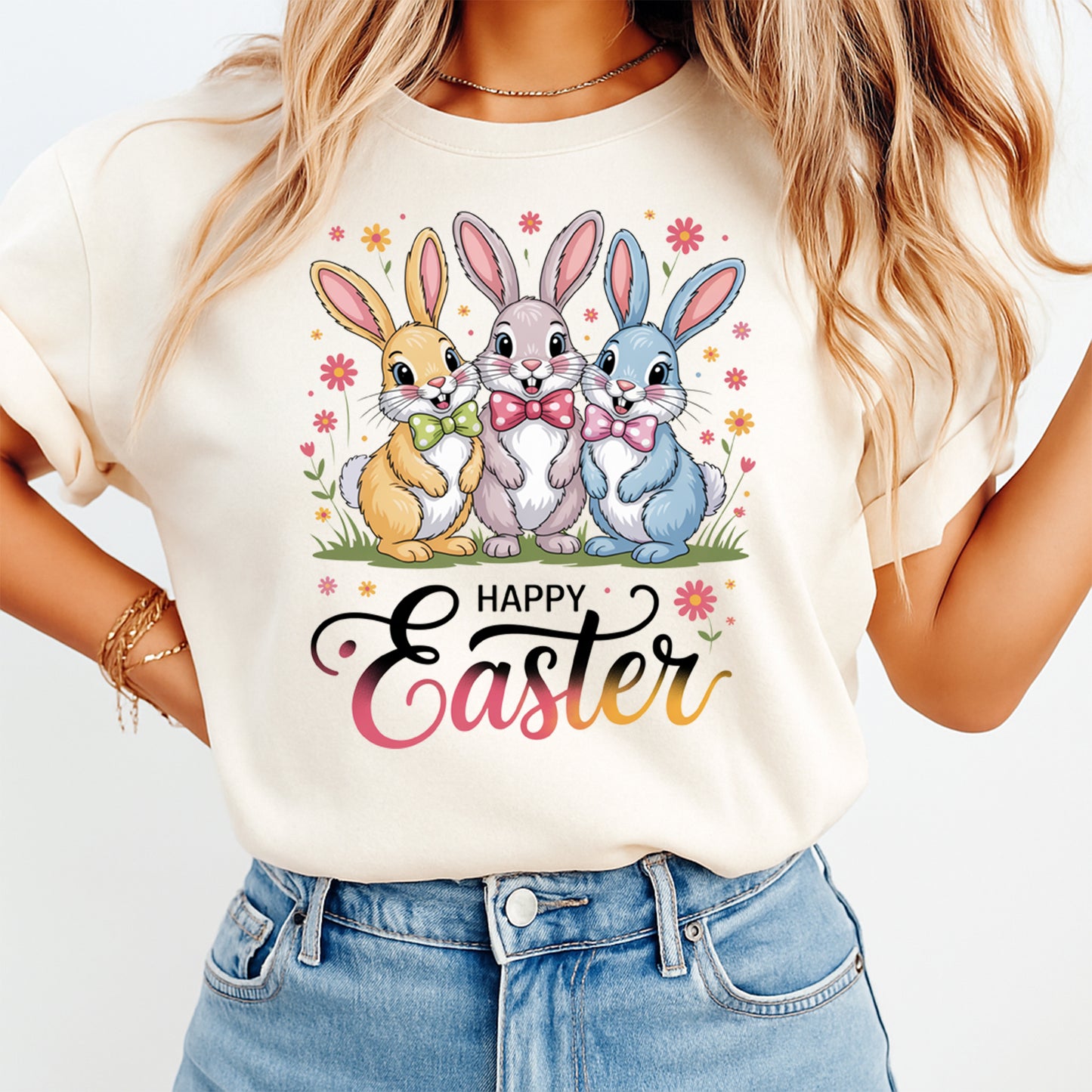 Happy Easter bunny trio graphic shown on light color shirt mockup with pastel rabbits and spring themed Easter artwork