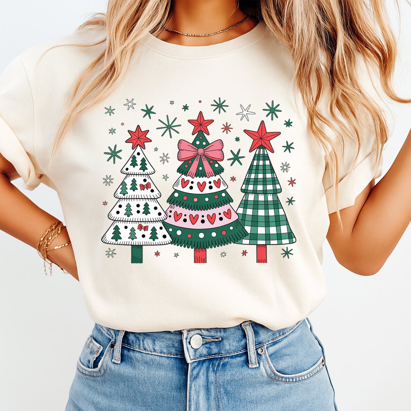 Christmas shirt mockup showing festive patterned Christmas trees design for diy Christmas shirts and holiday apparel