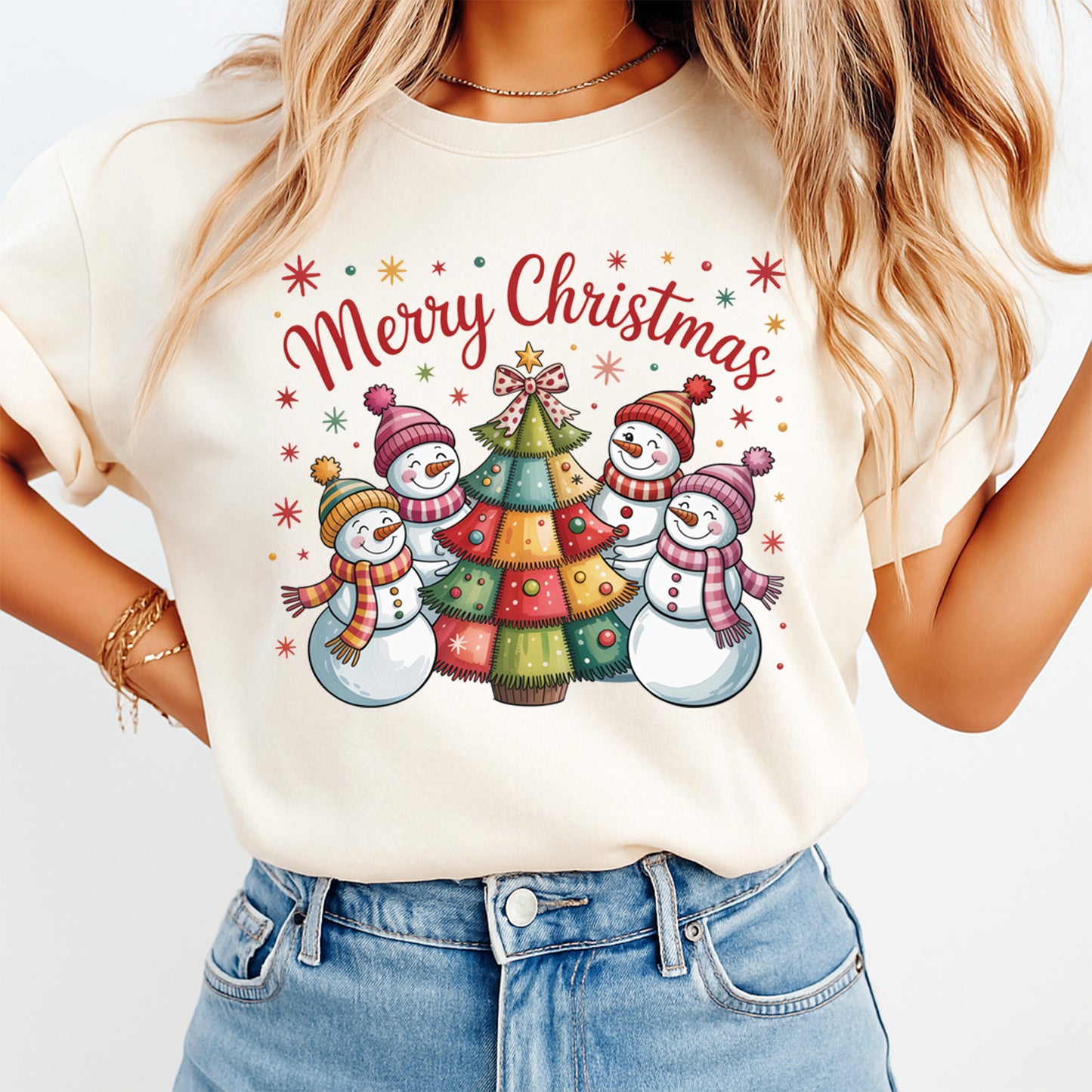 Christmas shirt mockup featuring merry christmas snowmen and festive tree design for diy Christmas shirts