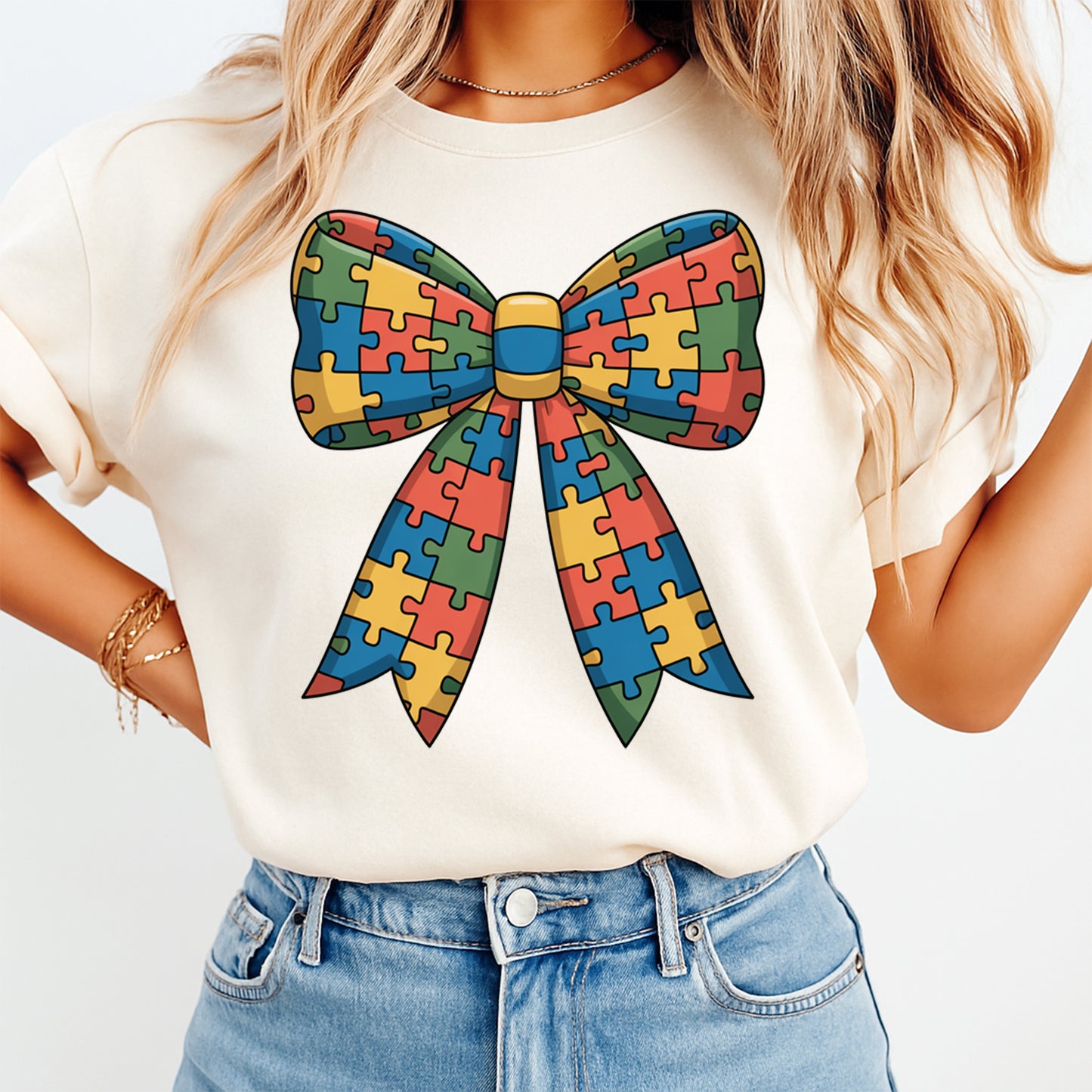 autism puzzle bow graphic shown on shirt mockup ready to press dtf transfer apparel preview