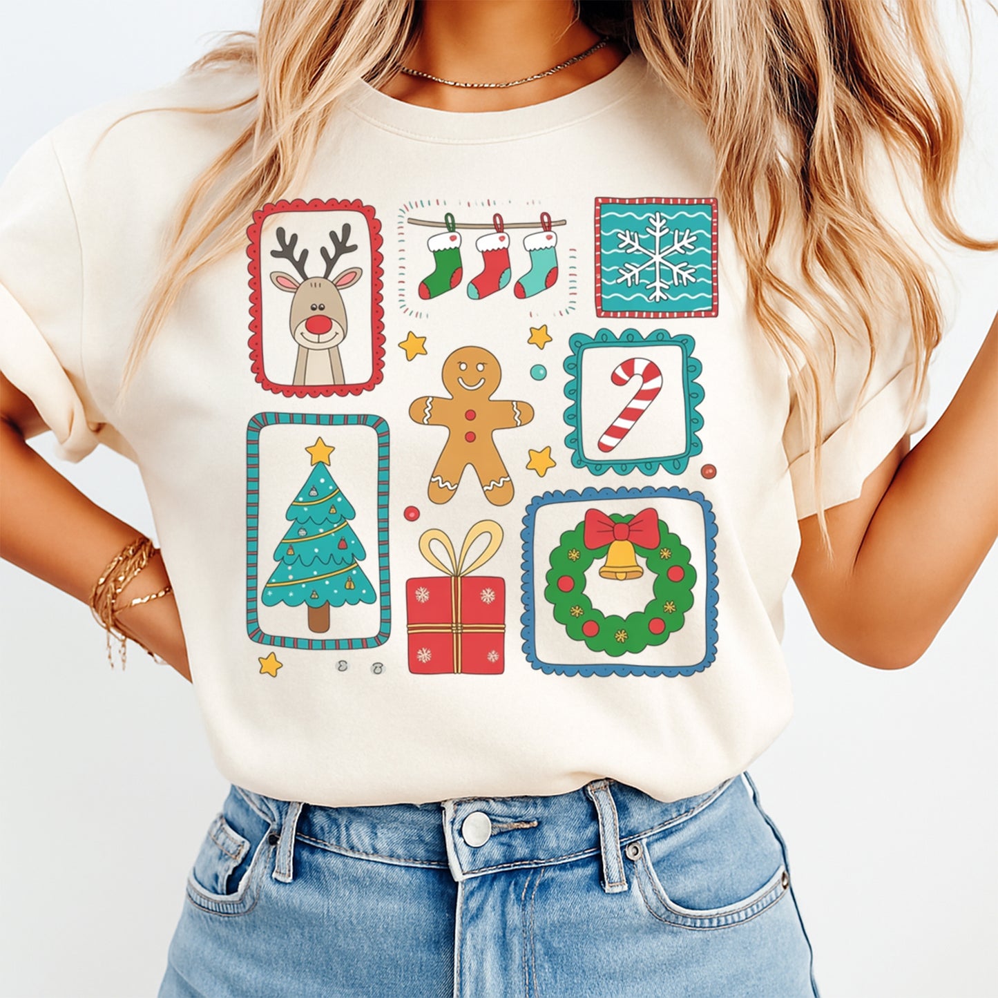 Cream t shirt mockup showing christmas patch icon dtf transfer with reindeer gingerbread candy cane wreath and holiday symbols