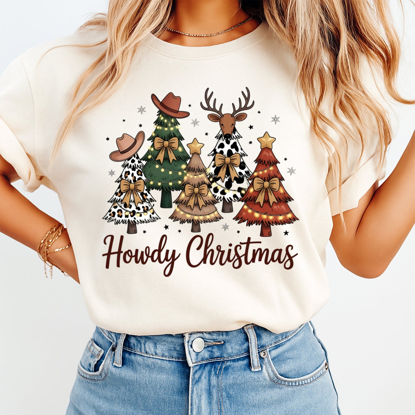 Cream t shirt mockup showing howdy christmas western holiday dtf transfer with cowboy hat christmas trees and rustic decor