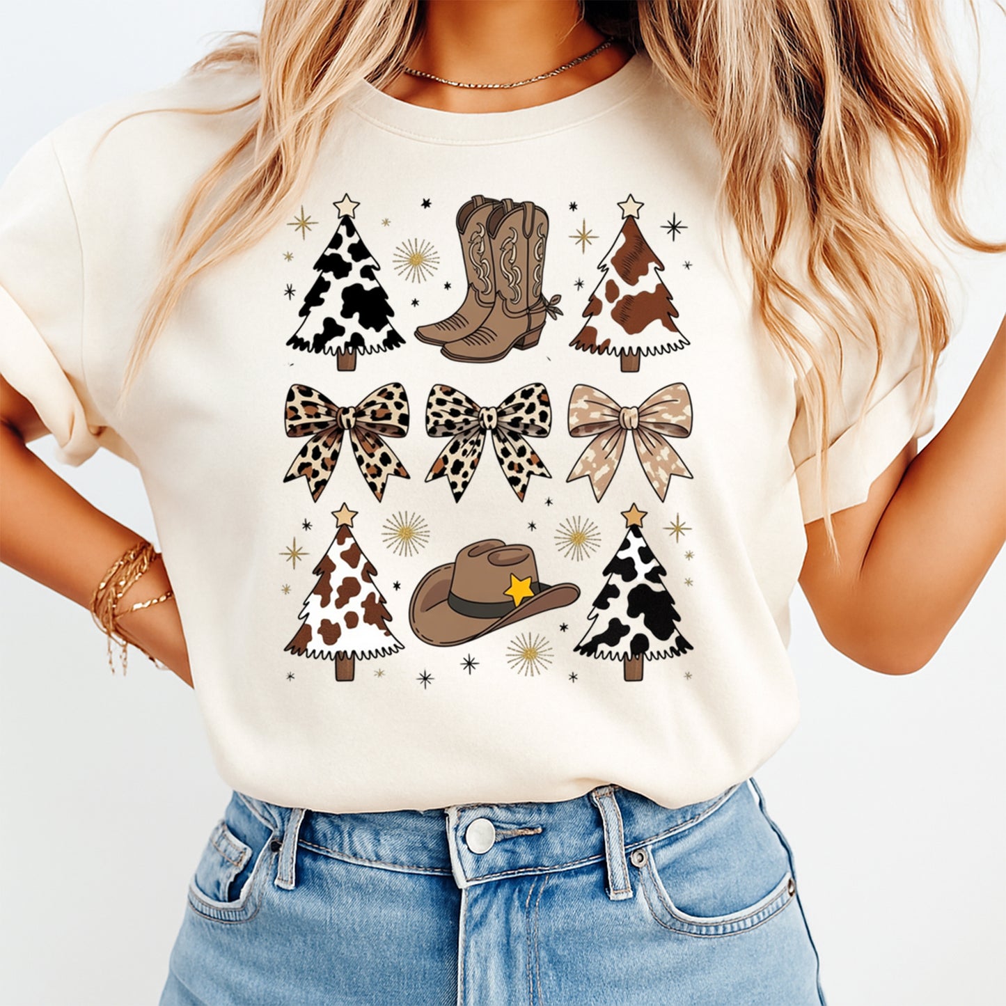Cream t shirt mockup showing western christmas cow print dtf transfer with rustic holiday icons and neutral tones