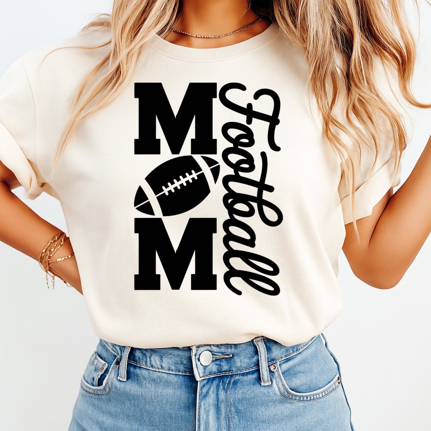 Cream t shirt mockup showing mom football dtf transfer with black sports lettering and football icon