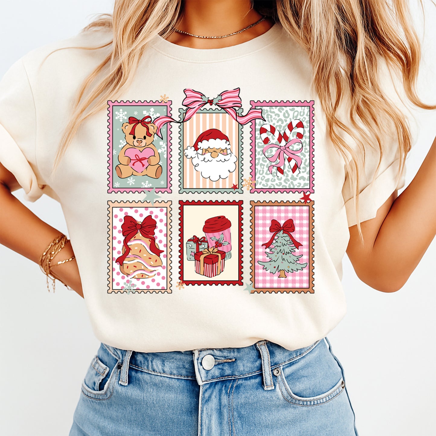 Vintage Christmas stamp collage graphic printed on cream t shirt mockup for holiday apparel