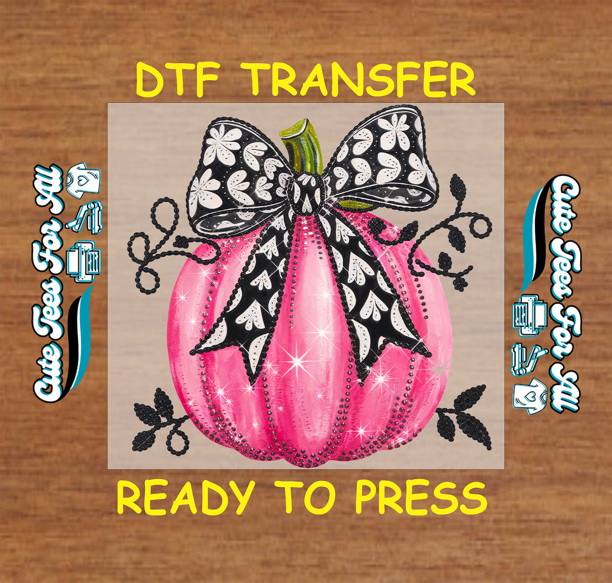Fall Pink Pumpkin Black Floral Bow DTF Transfer - Ready to Press mock up
