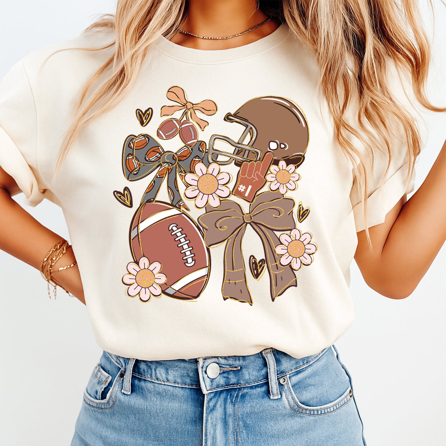 Football helmet bow floral graphic shown on shirt mockup for football season and game day apparel