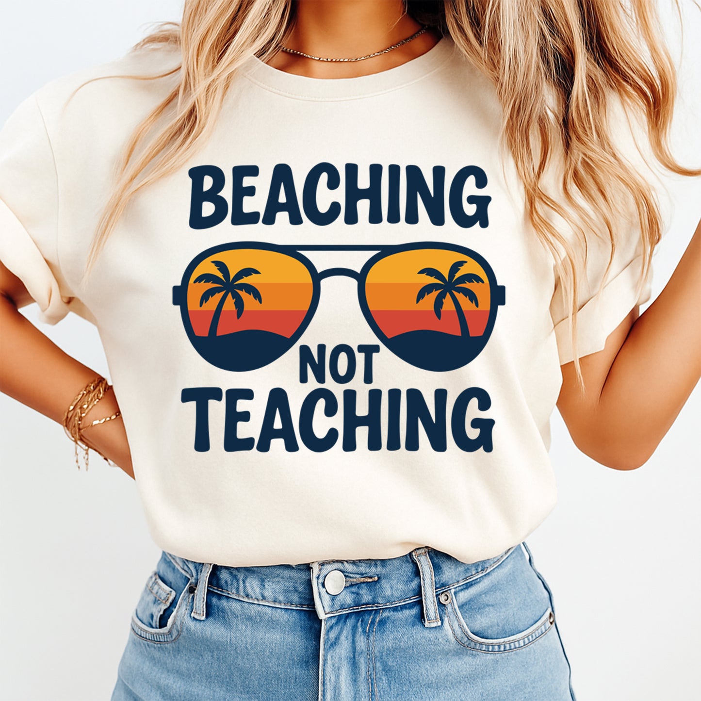 Beaching not teaching sunglasses design displayed on light color t shirt mockup with summer beach theme