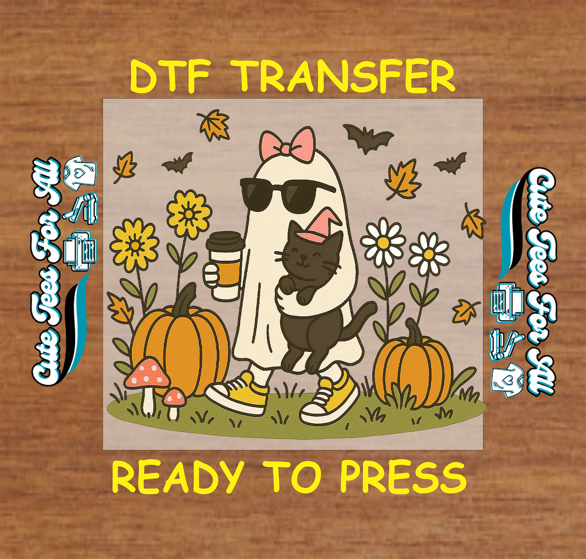 Fall Halloween Coffee Ghost and Black Cat DTF Transfer - Ready to Press mock up