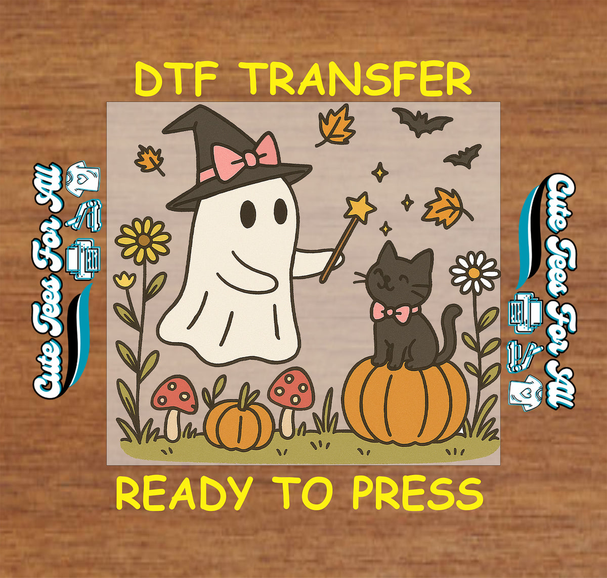 Fall Halloween Witch Ghost Wand and Black Cat DTF Transfer - Ready to Press dtf mock up