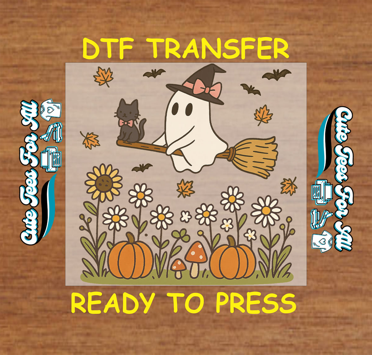 Fall Halloween Ghost Witch Broom and Cat DTF Transfer - Ready to Press dtf mock up