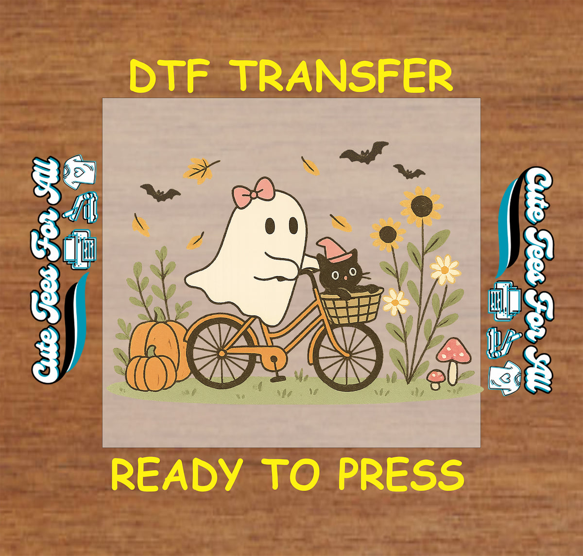 Fall Halloween Ghost Bicycle and Witch Cat DTF Transfer - Ready to Press dtf mock up