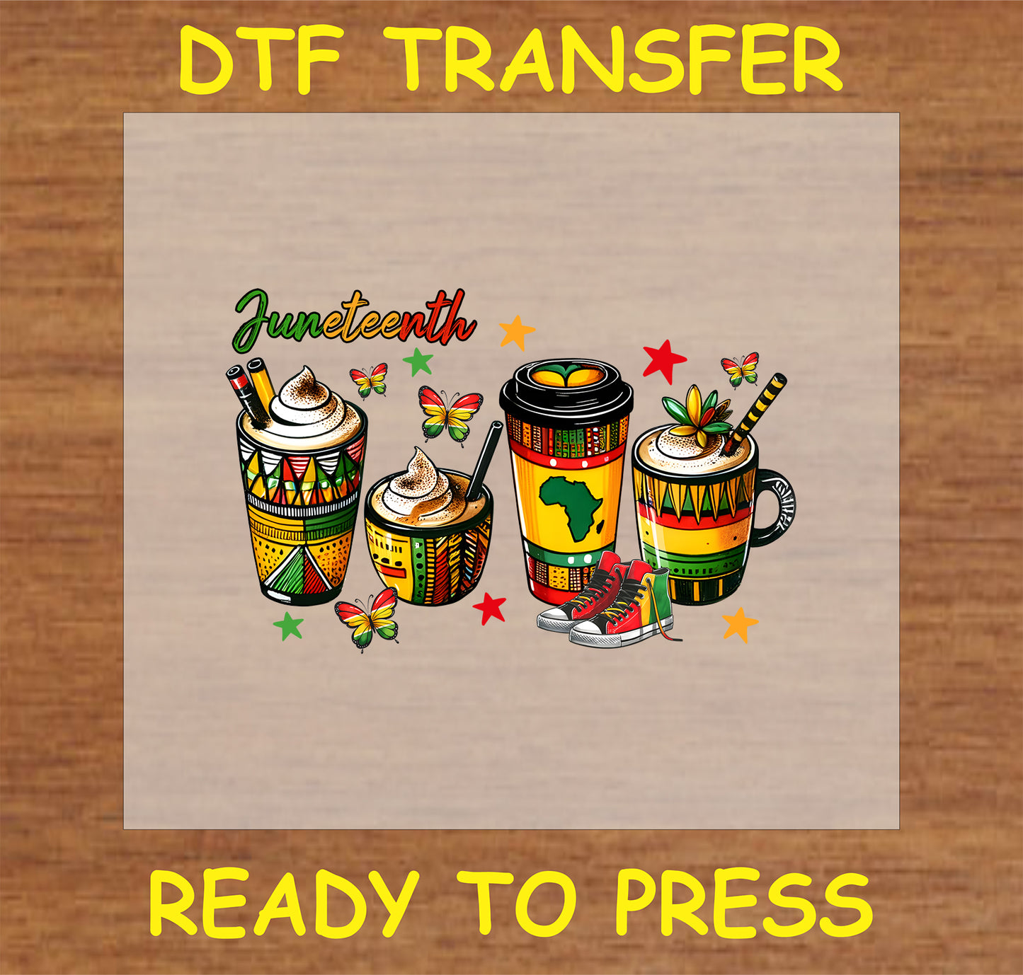 "Juneteenth DTF transfer with African-inspired coffee cups and butterflies for cultural pride"