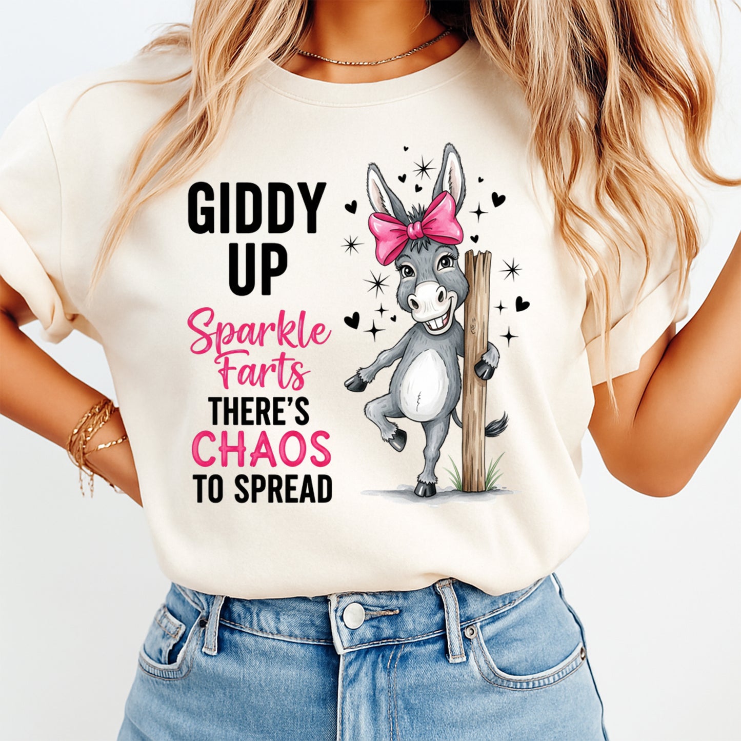Woman wearing cream shirt with giddy up sparkle farts donkey western graphic ready to press dtf design
